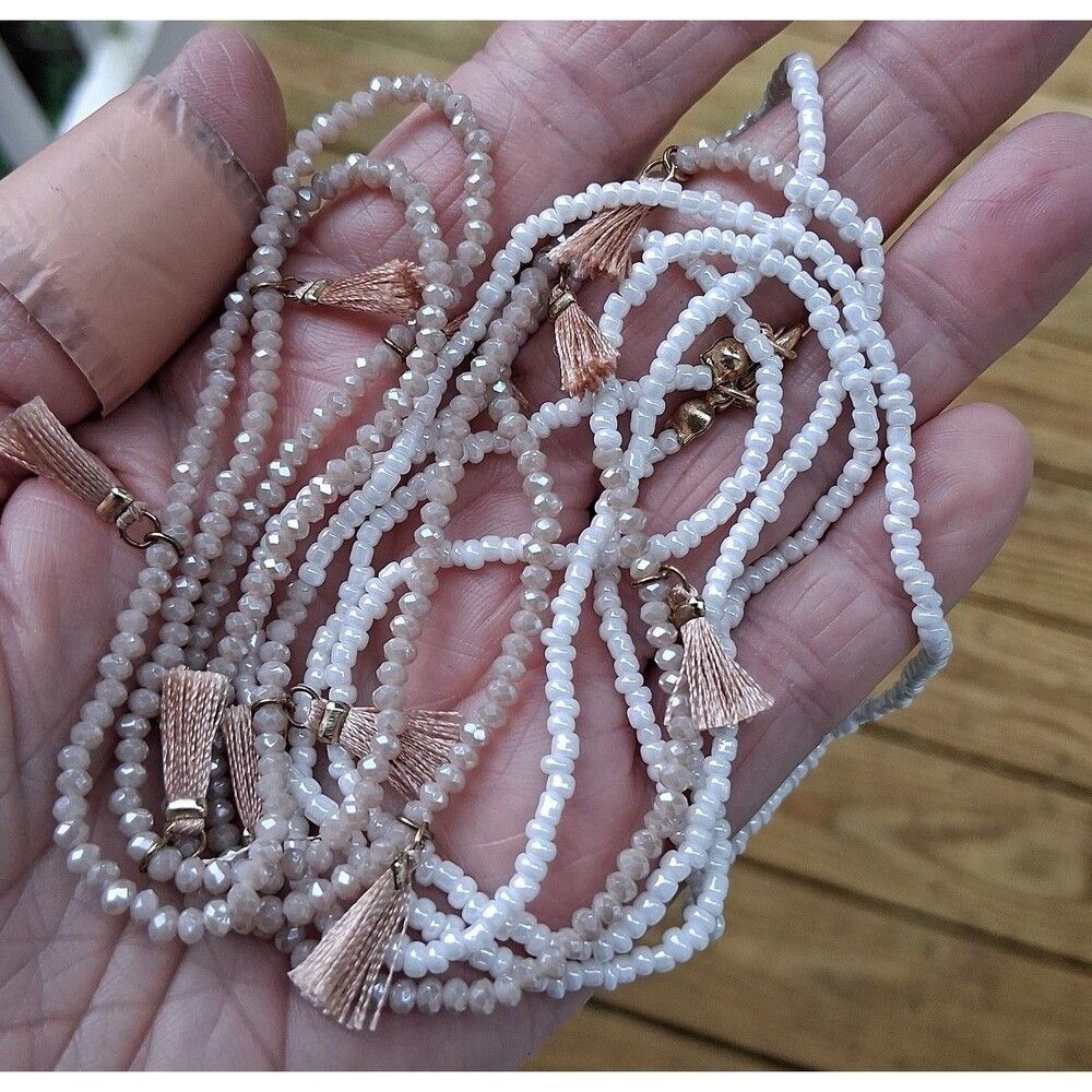 Women's 60" Long White & Tan Beaded Sweater Wrap Necklace w/Mini Tassels